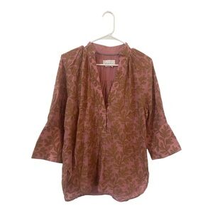 Anthropologie Pink And Brown 100% Cotton Floral Tunic Blouse